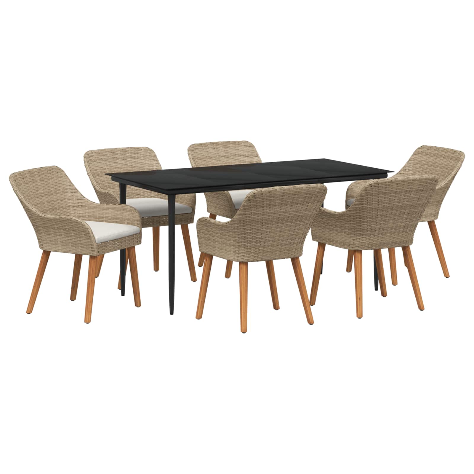 Tuin eettafelset met kussen 7 pcs Beige poly rattan