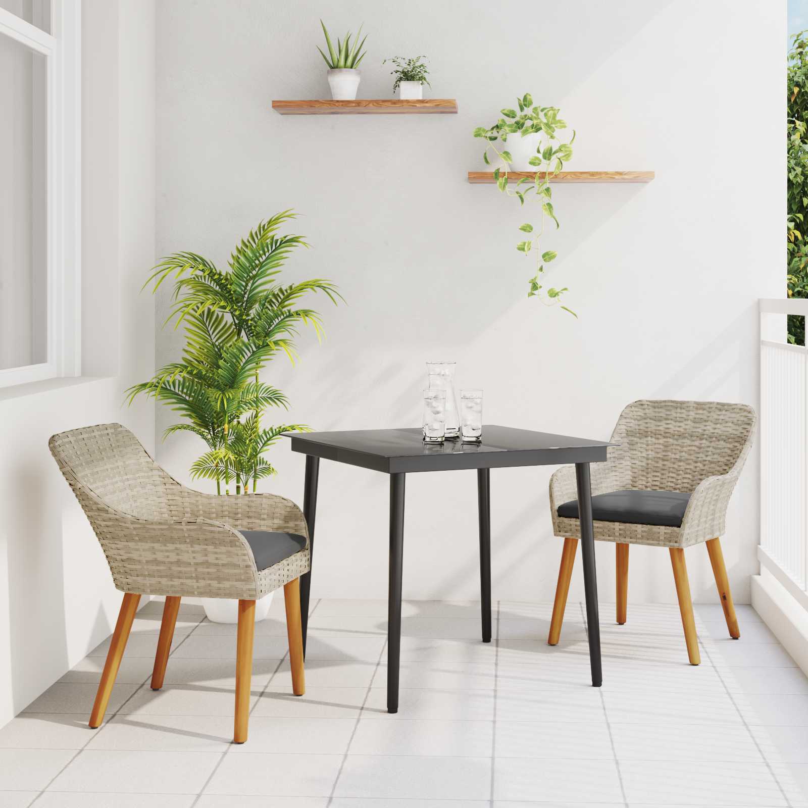 Tuin eettafelset met kussen 3 pcs Lichtgrijs poly rattan – afbeelding 1