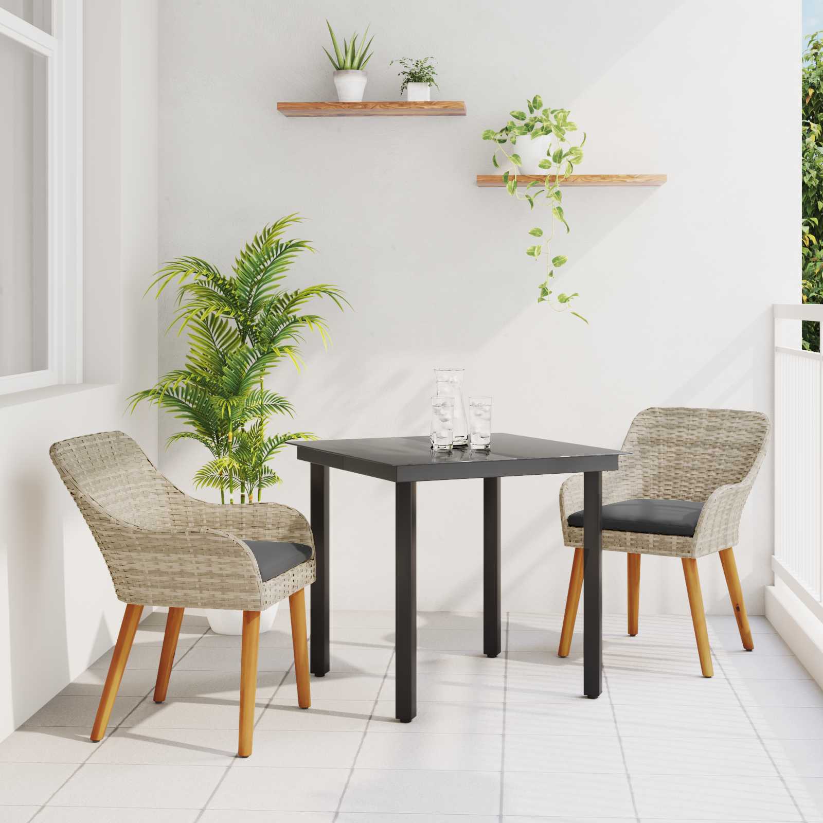 Tuin eettafelset met kussen 3 pcs Lichtgrijs poly rattan – afbeelding 1