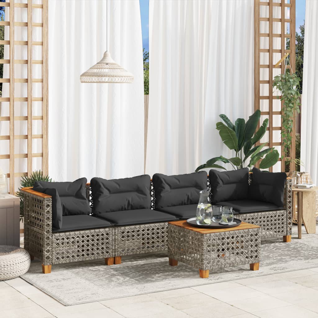 5-delige Loungeset met kussens poly rattan grijs – afbeelding 1