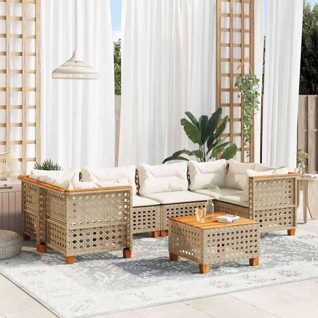 7-delige Loungeset met kussens poly rattan beige – afbeelding 1