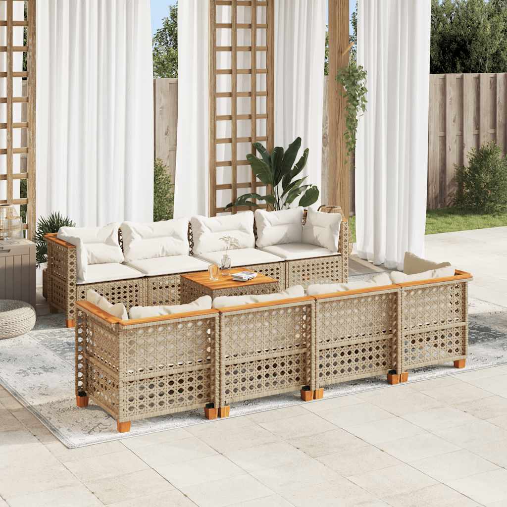 9-delige Loungeset met kussens poly rattan beige – afbeelding 1