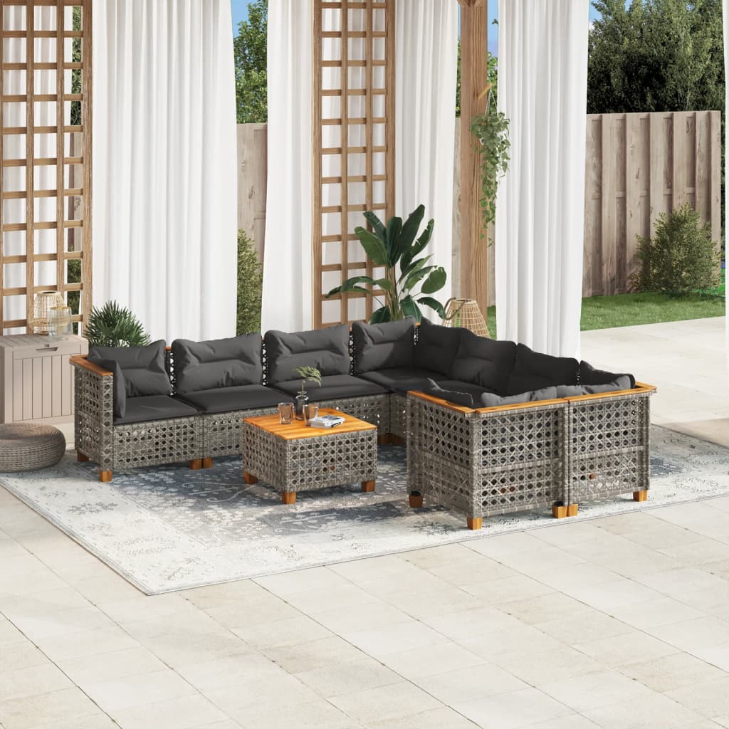 9-delige Loungeset met kussens poly rattan grijs – afbeelding 1