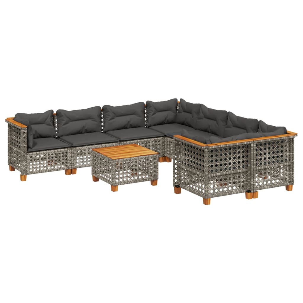 9-delige Loungeset met kussens poly rattan grijs – afbeelding 2