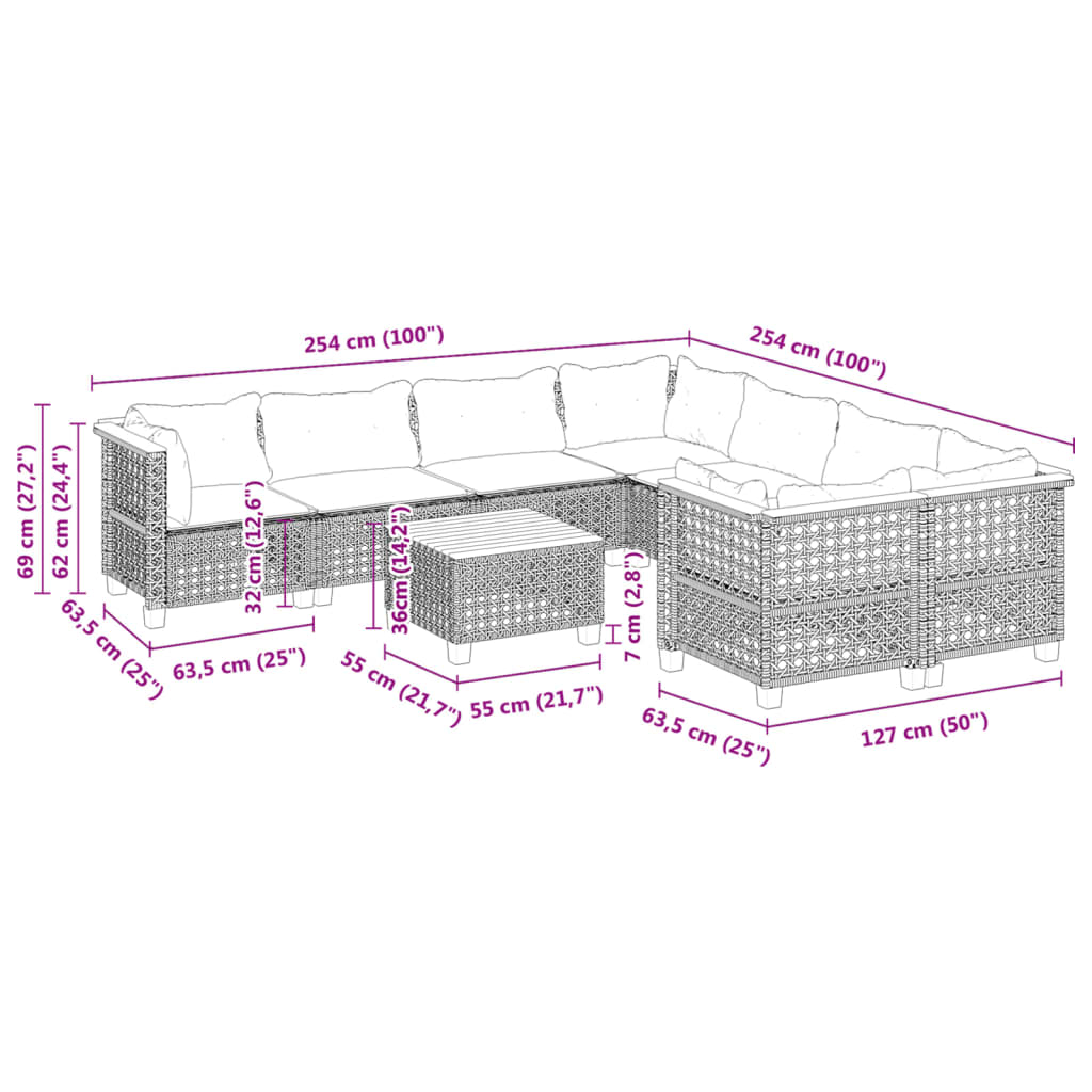 9-delige Loungeset met kussens poly rattan grijs – afbeelding 8