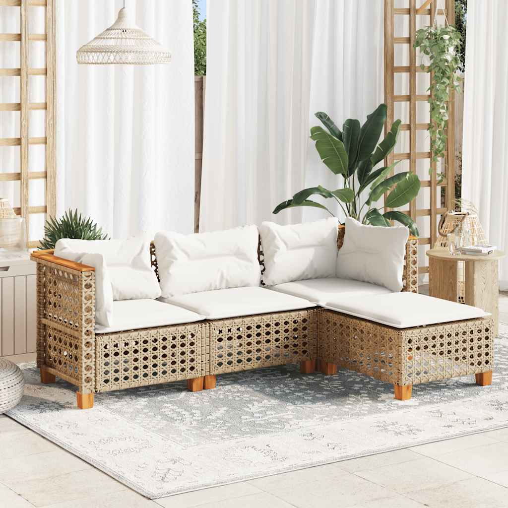 4-delige Loungeset met kussens poly rattan beige – afbeelding 1