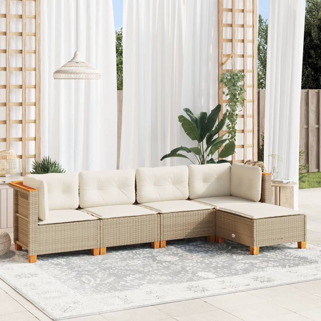 5-delige Loungeset met kussens poly rattan beige – afbeelding 1