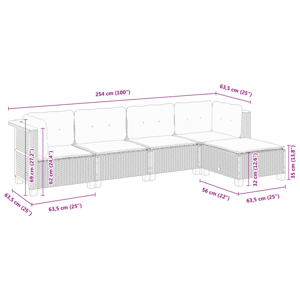 5-delige Loungeset met kussens poly rattan beige – afbeelding 8