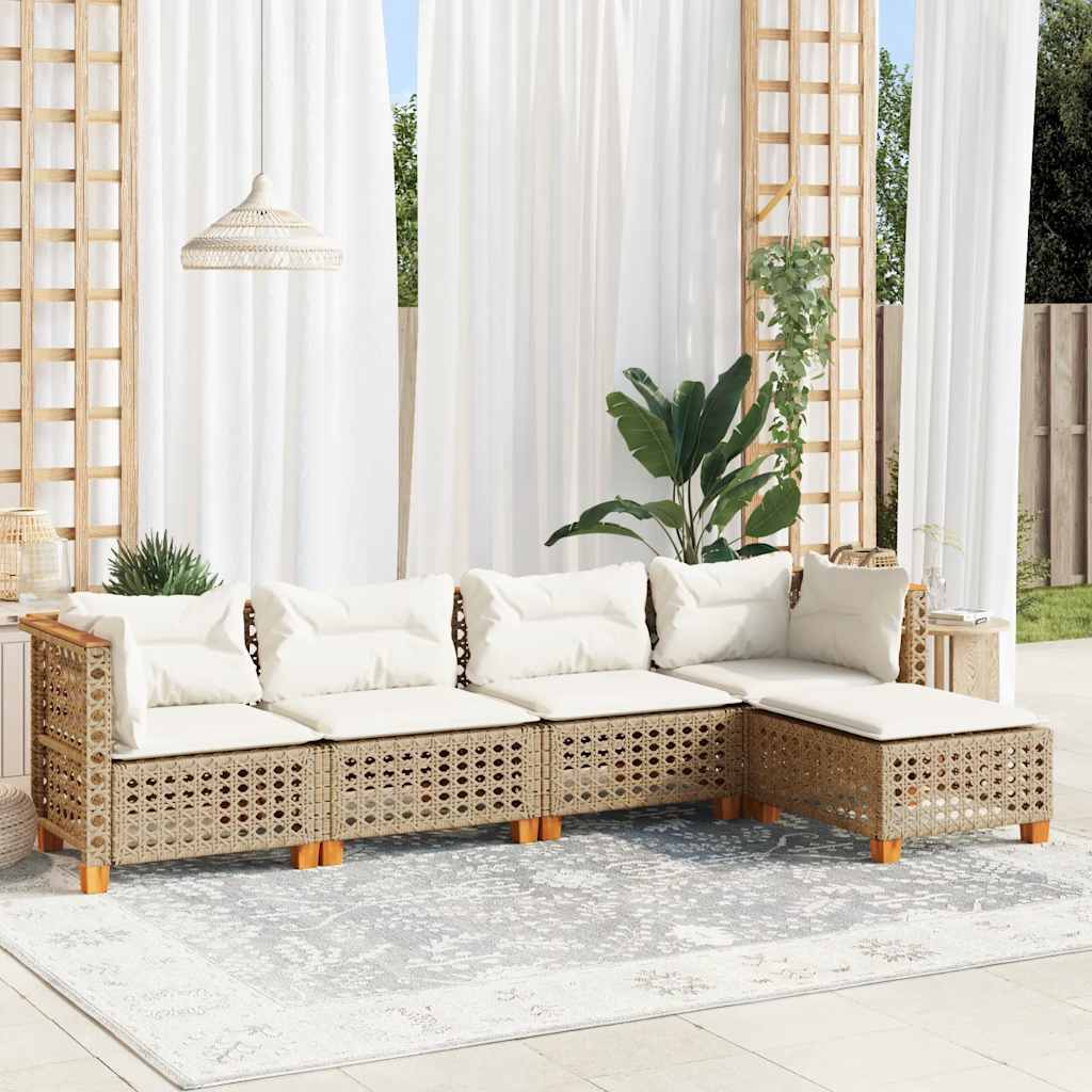 5-delige Loungeset met kussens poly rattan beige – afbeelding 1