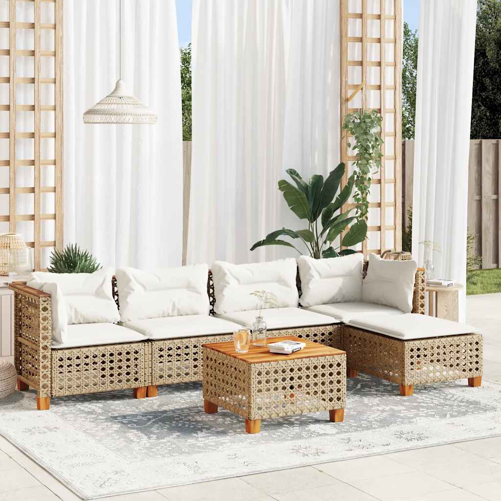 6-delige Loungeset met kussens poly rattan beige – afbeelding 1