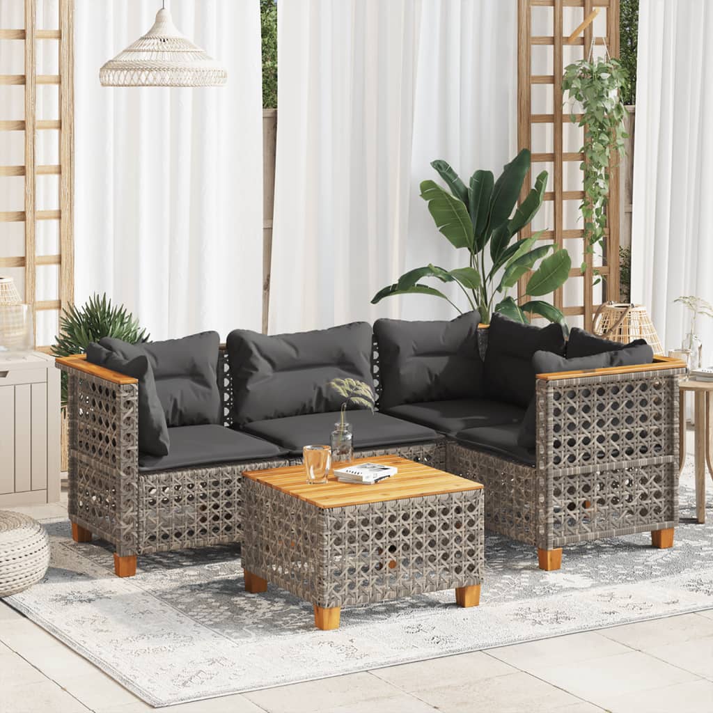 5-delige Loungeset met kussens poly rattan grijs – afbeelding 1