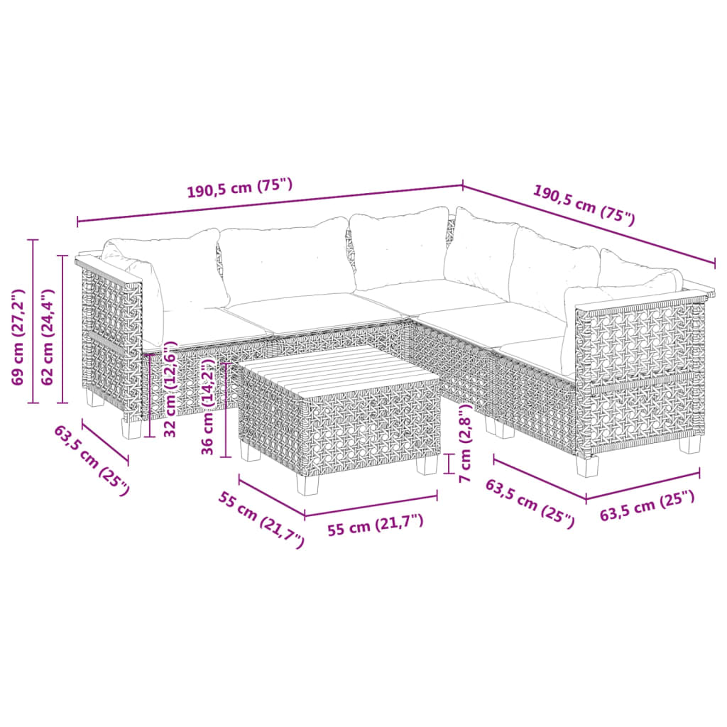 6-delige Loungeset met kussens poly rattan grijs – afbeelding 8