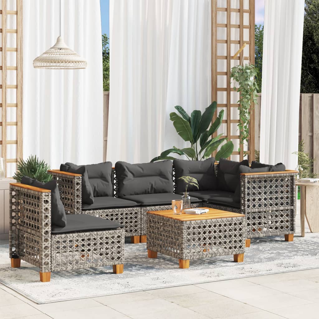 6-delige Loungeset met kussens poly rattan grijs – afbeelding 1