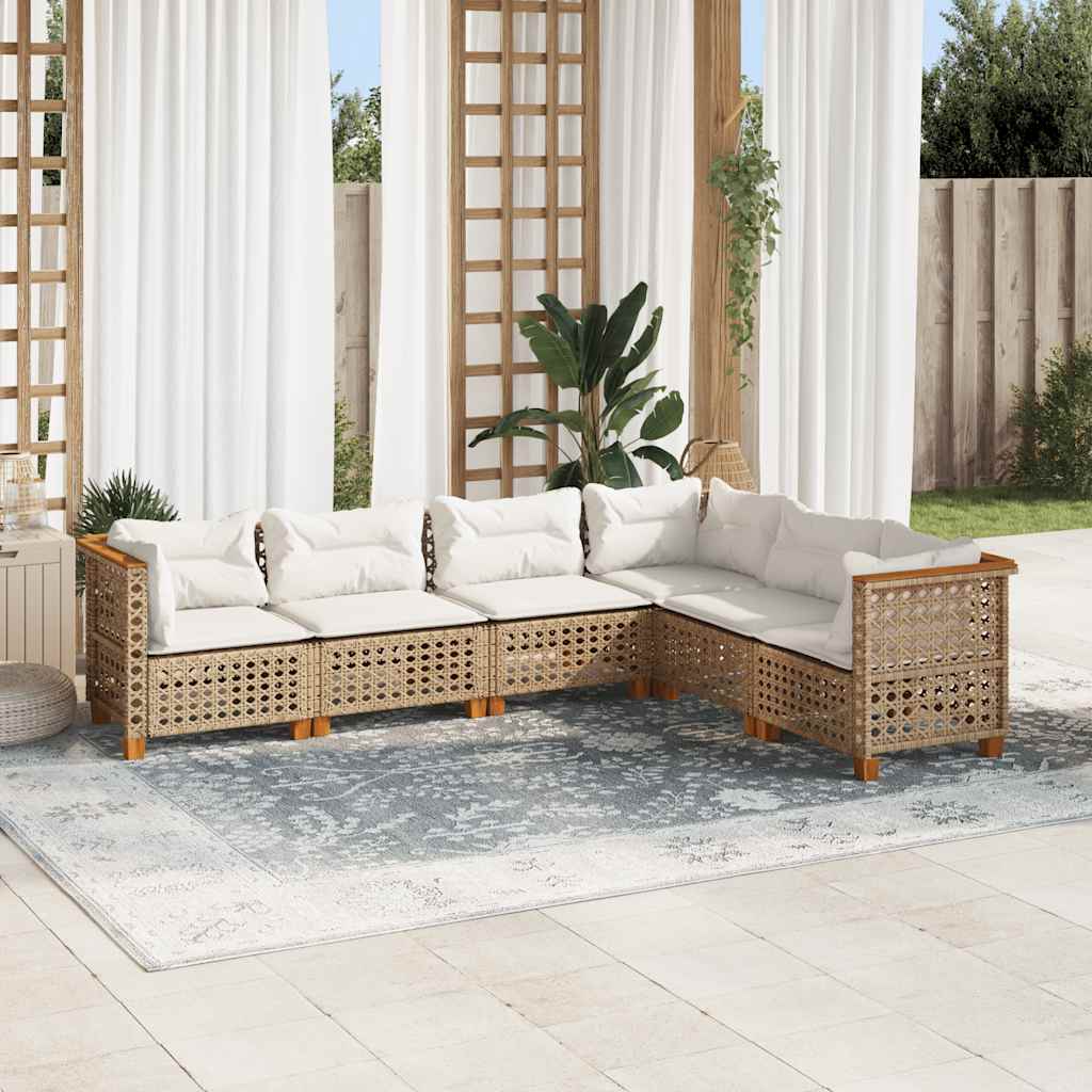 6-delige Loungeset met kussens poly rattan beige – afbeelding 1