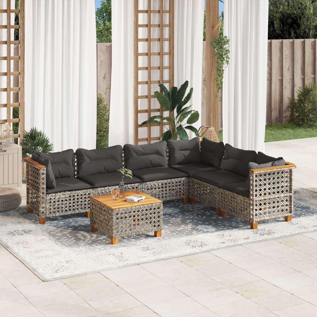 7-delige Loungeset met kussens poly rattan grijs – afbeelding 1