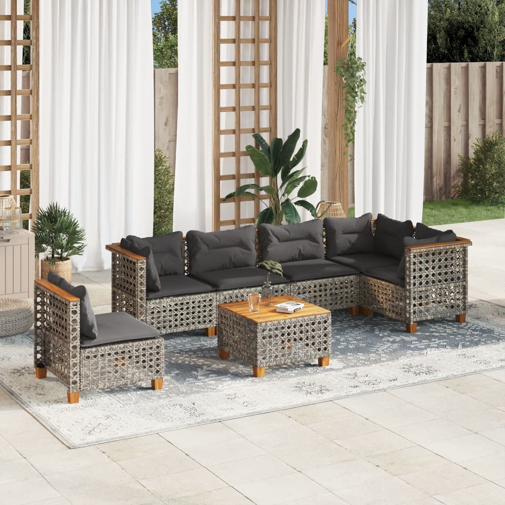 7-delige Loungeset met kussens poly rattan grijs – afbeelding 1