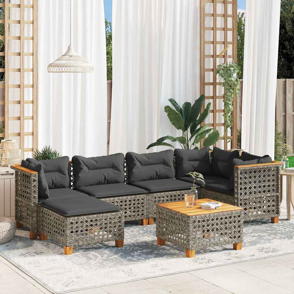7-delige Loungeset met kussens poly rattan grijs – afbeelding 1