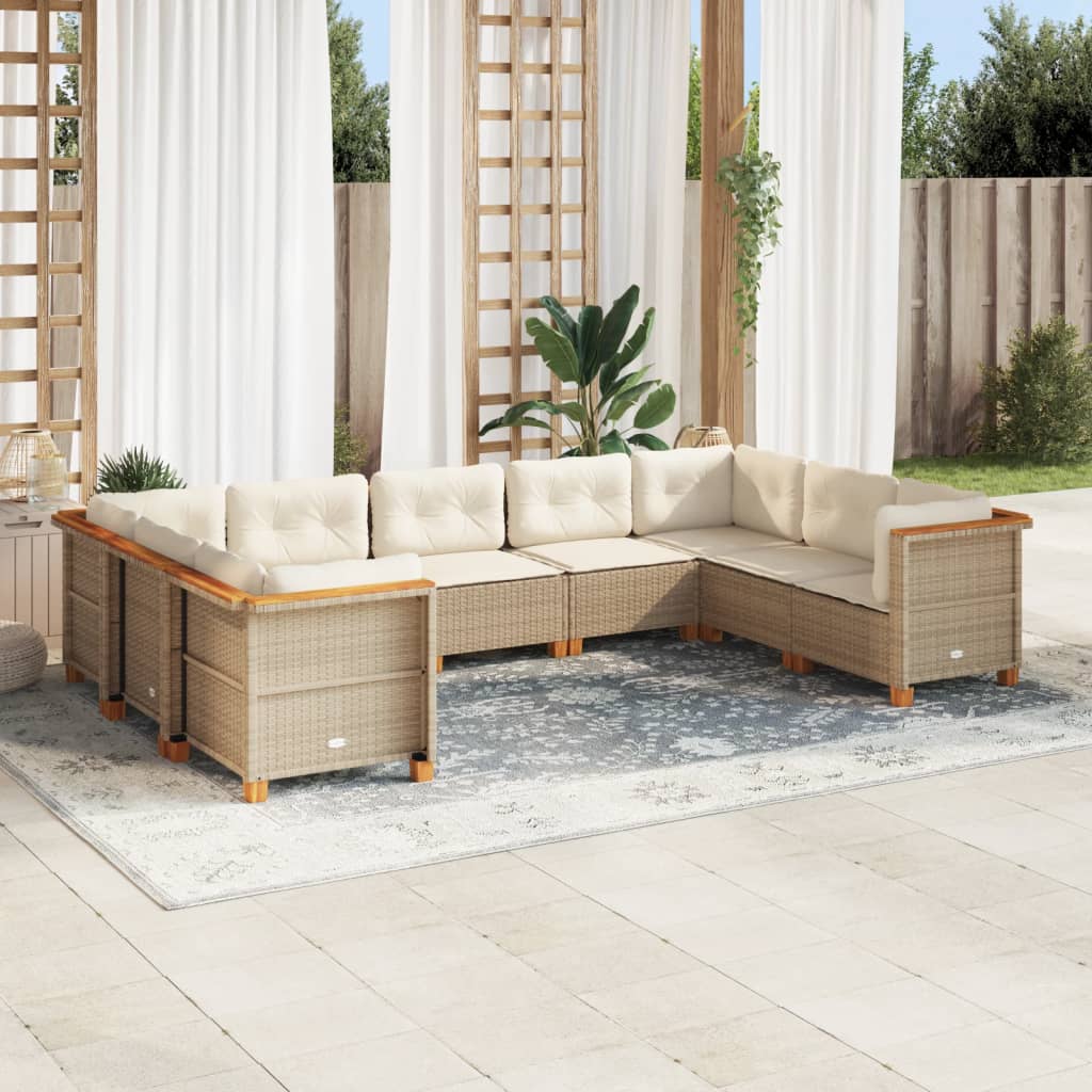9-delige Loungeset met kussens poly rattan beige – afbeelding 1