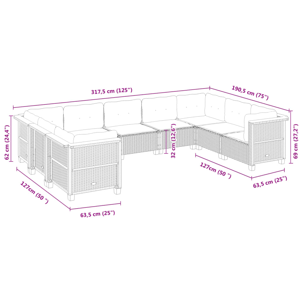9-delige Loungeset met kussens poly rattan beige – afbeelding 6