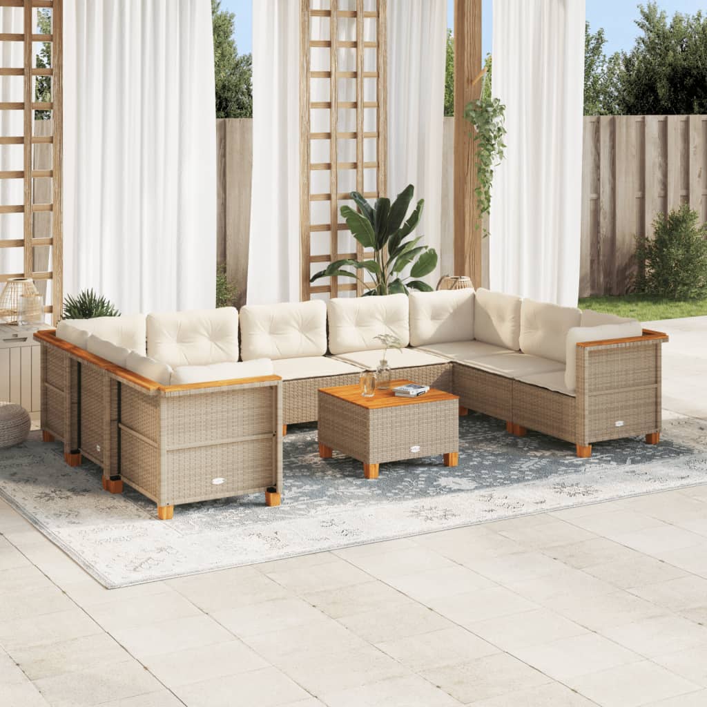 10-delige Loungeset met kussens poly rattan beige – afbeelding 1
