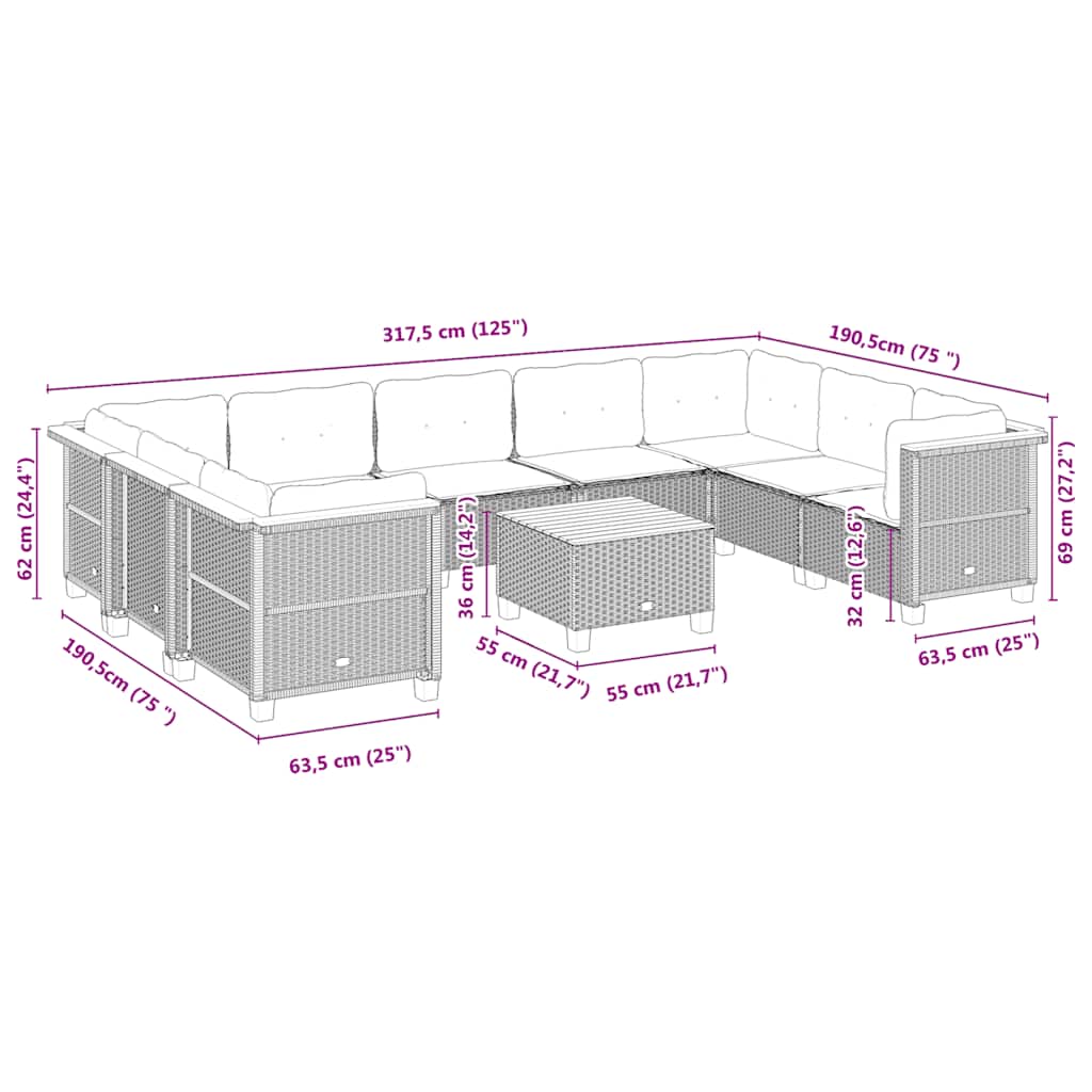 10-delige Loungeset met kussens poly rattan beige – afbeelding 8