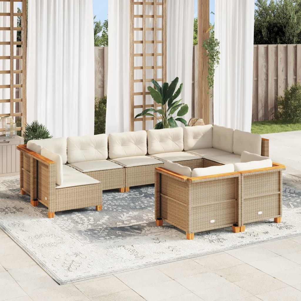 9-delige Loungeset met kussens poly rattan beige – afbeelding 1