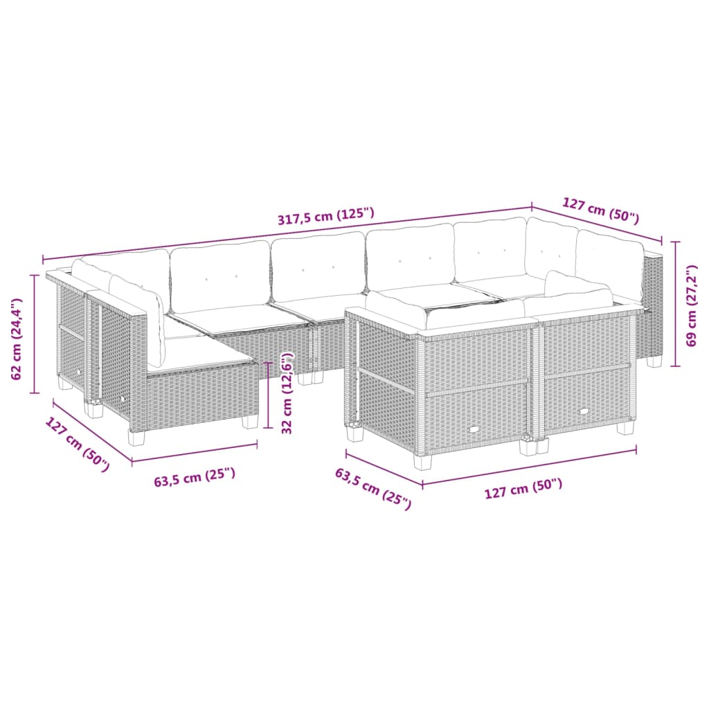 9-delige Loungeset met kussens poly rattan beige – afbeelding 6