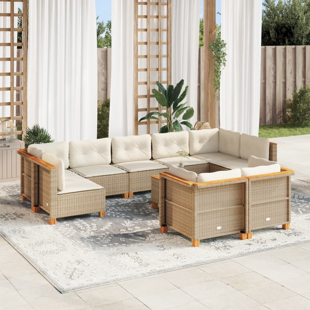 10-delige Loungeset met kussens poly rattan beige – afbeelding 1