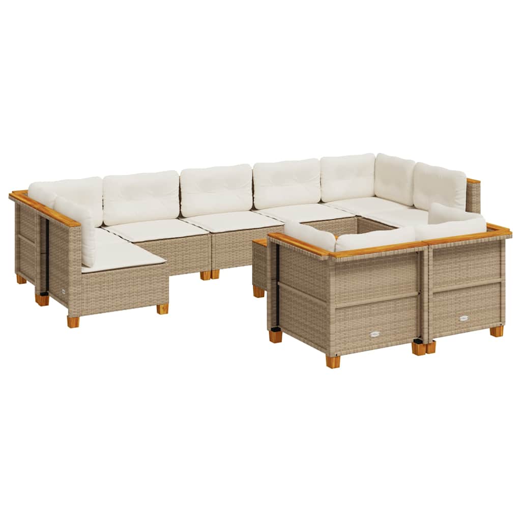 10-delige Loungeset met kussens poly rattan beige – afbeelding 2