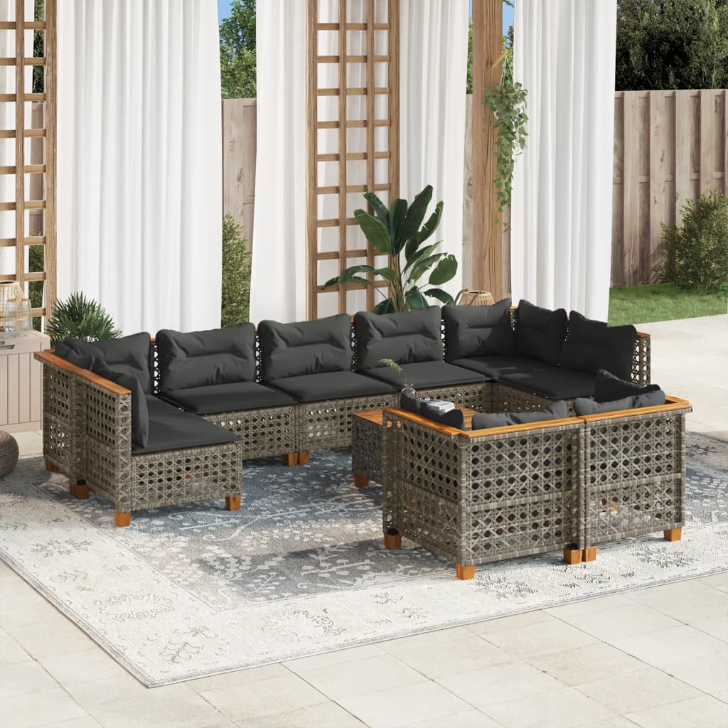 10-delige Loungeset met kussens poly rattan grijs – afbeelding 1