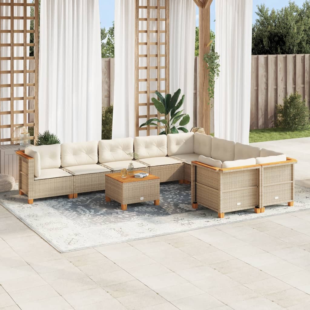10-delige Loungeset met kussens poly rattan beige – afbeelding 1