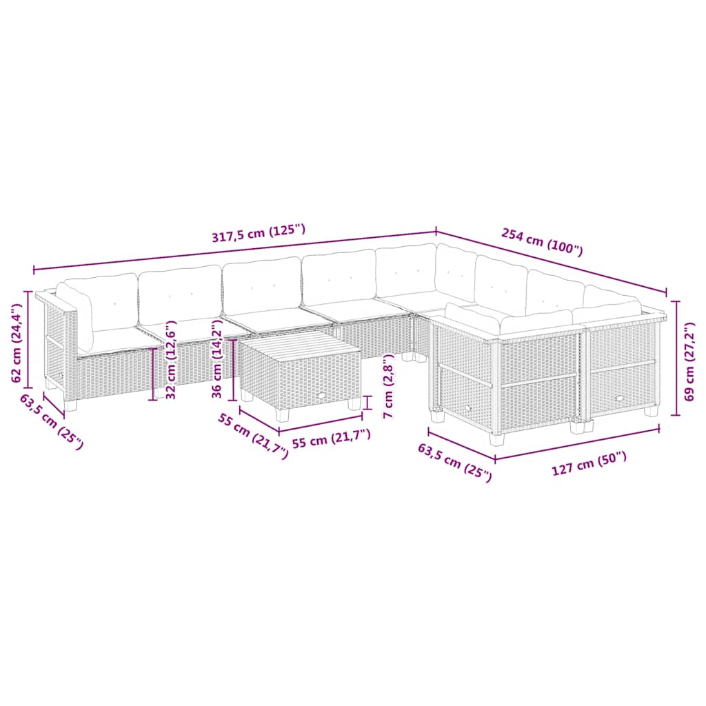 10-delige Loungeset met kussens poly rattan beige – afbeelding 8