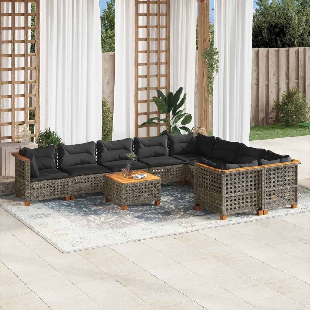 10-delige Loungeset met kussens poly rattan grijs – afbeelding 1