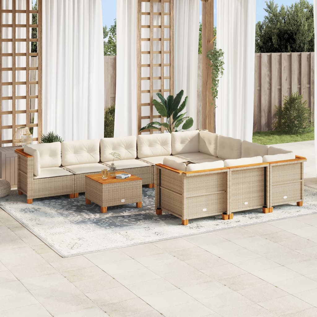 11-delige Tuinset met kussens poly rattan beige – afbeelding 1