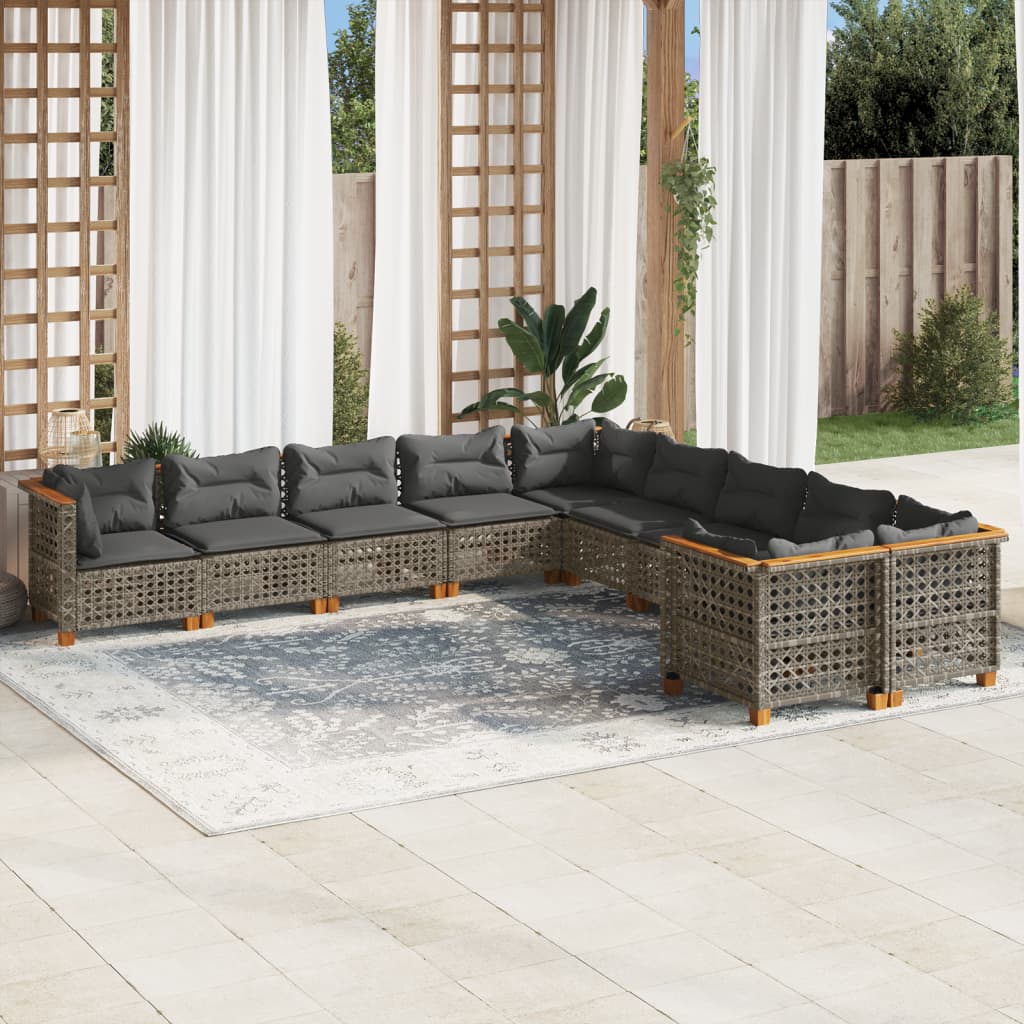 10-delige Loungeset met kussens poly rattan grijs – afbeelding 1