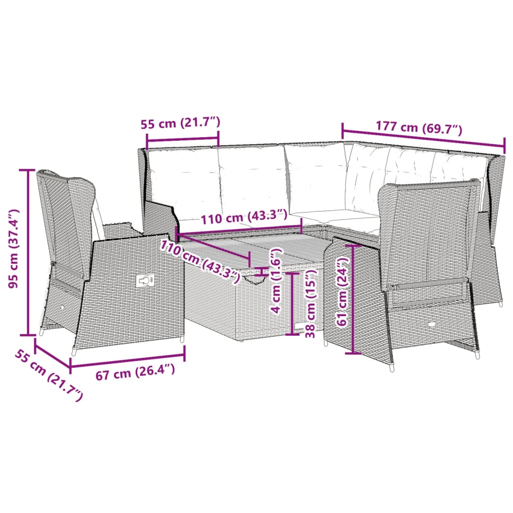 6-delige Loungeset met kussens poly rattan zwart – afbeelding 12