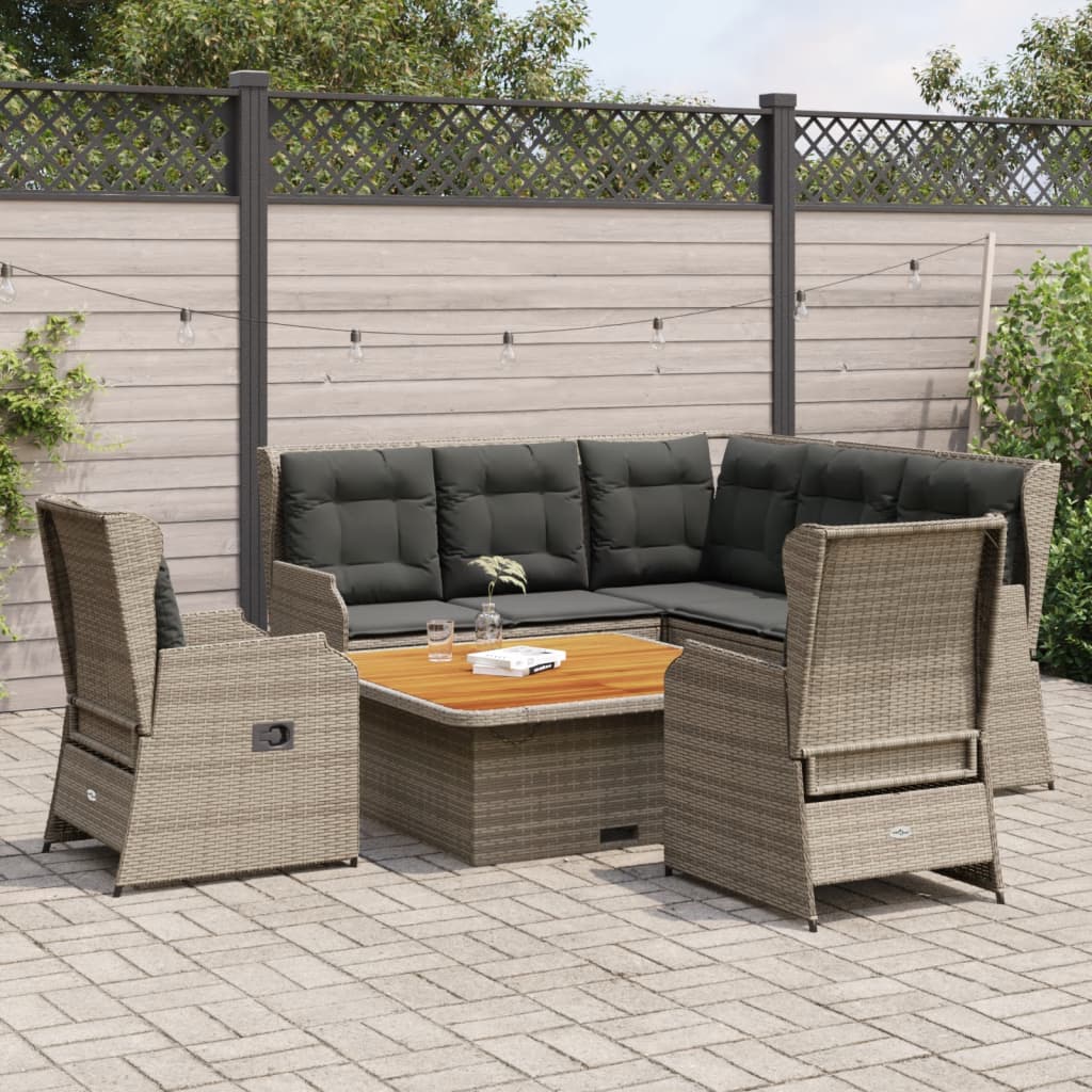 6-delige Loungeset met kussens poly rattan grijs