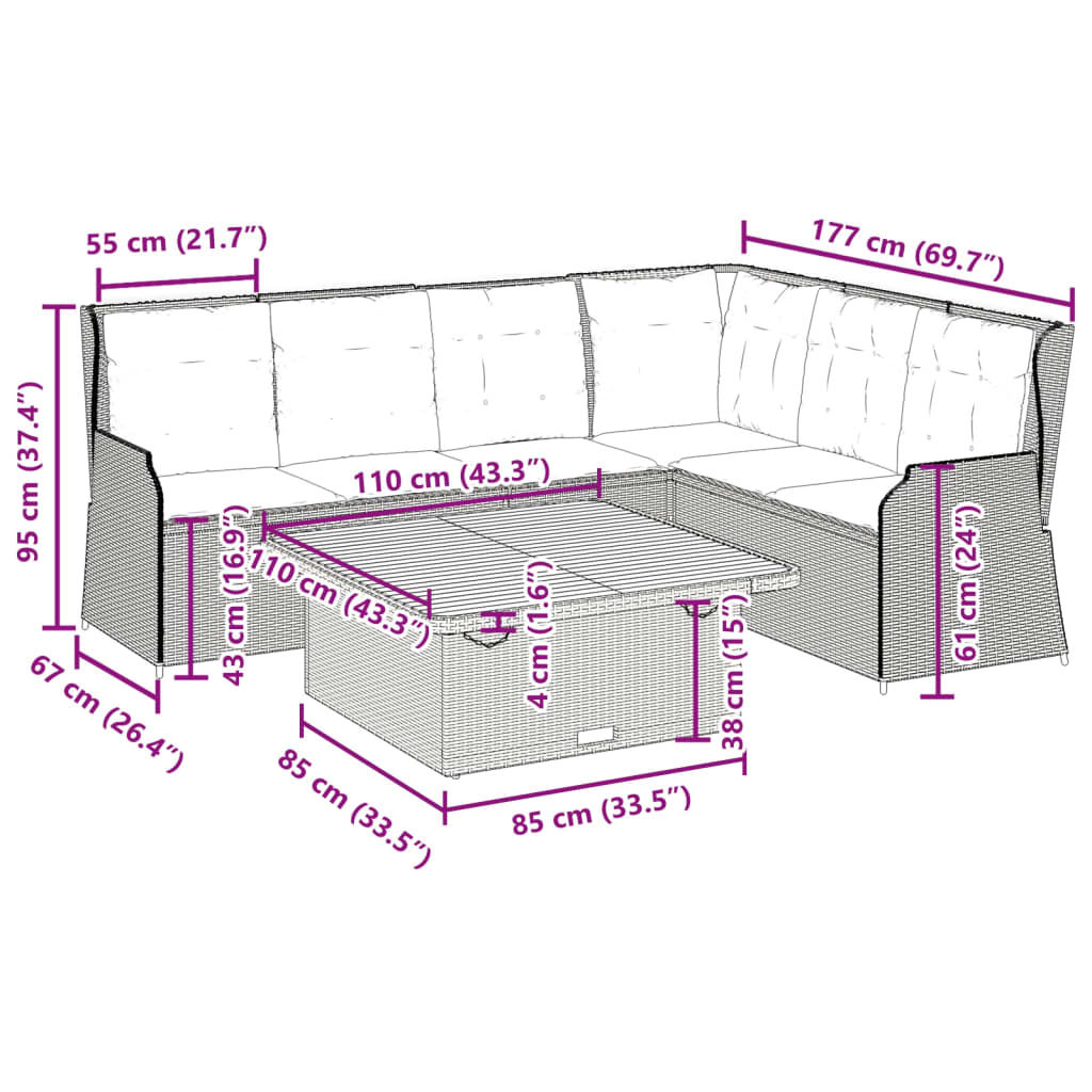 5-delige Loungeset met kussens poly rattan grijs – afbeelding 12