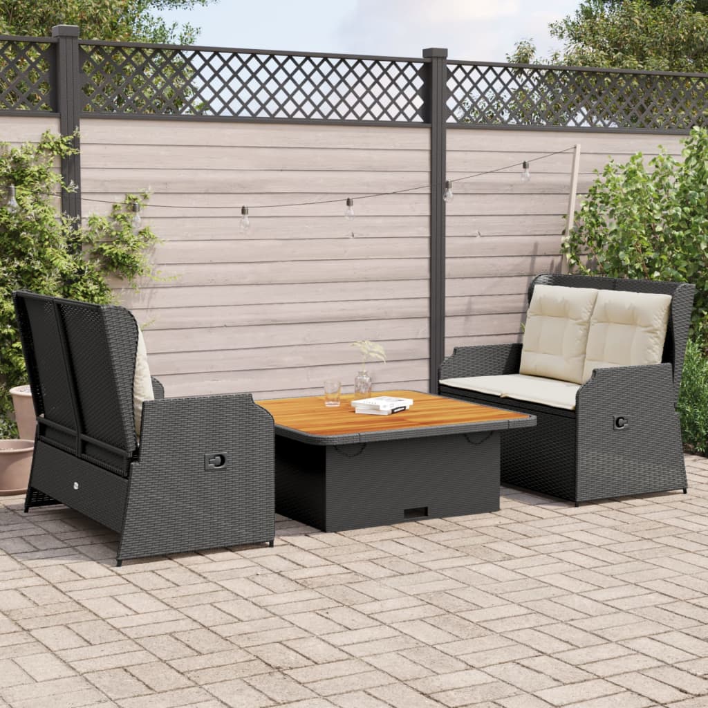 3-delige Loungeset met kussens poly rattan zwart – afbeelding 1