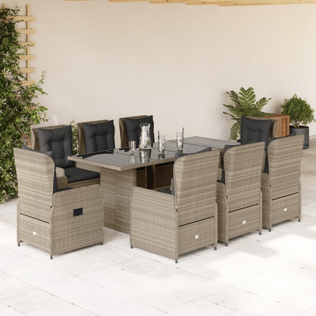 9-delige Tuinset met kussens poly rattan lichtgrijs – afbeelding 1