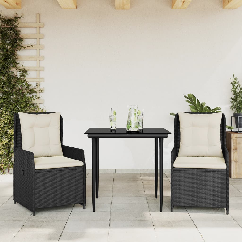 3-delige Tuinset met kussens poly rattan zwart – afbeelding 1