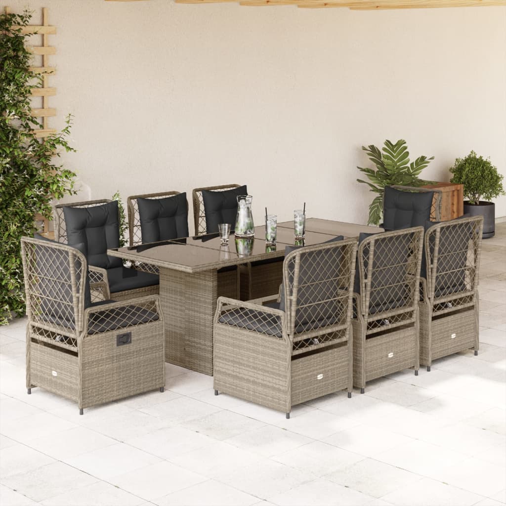 9-delige Tuinset met kussens poly rattan lichtgrijs – afbeelding 1