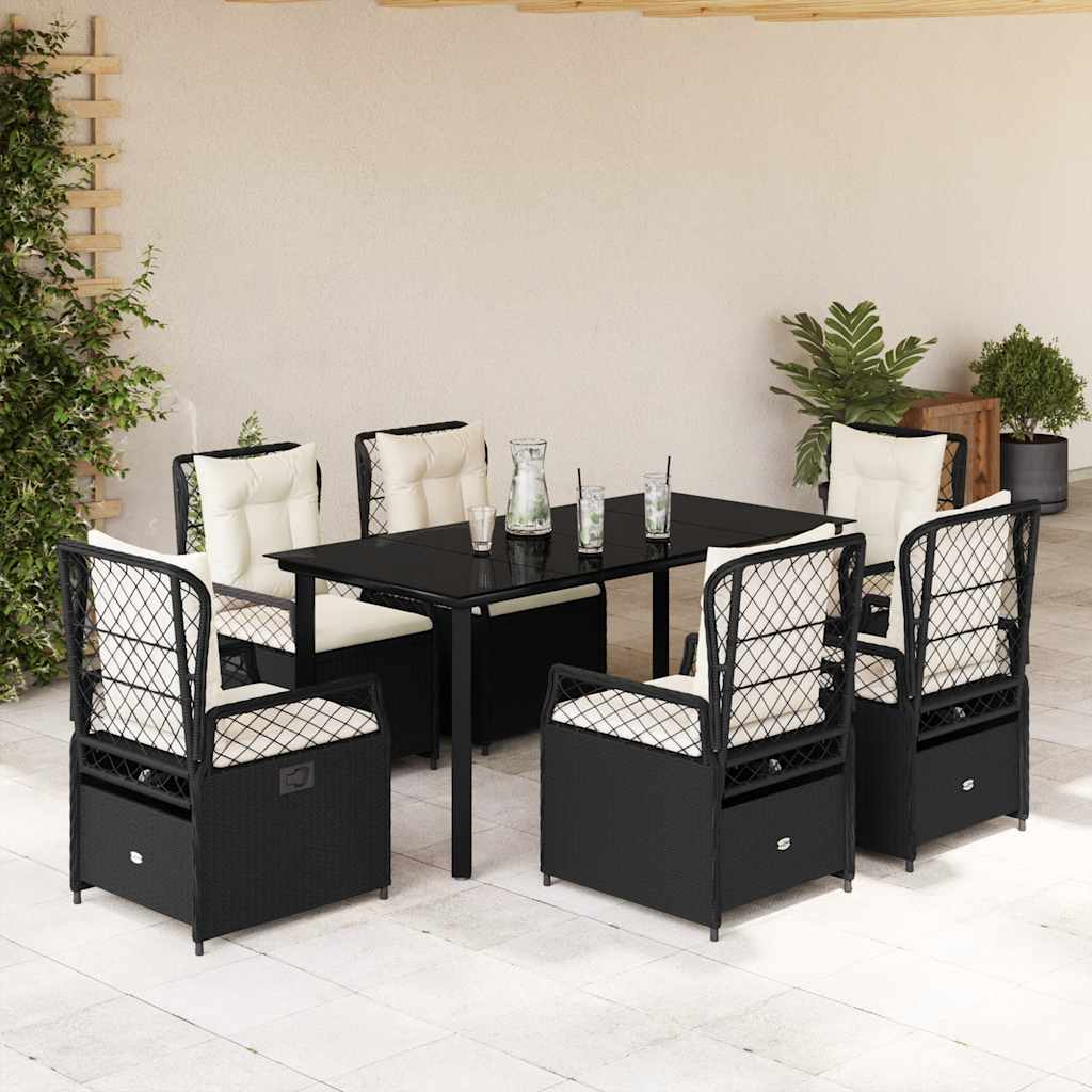 7-delige Tuinset met kussens poly rattan zwart