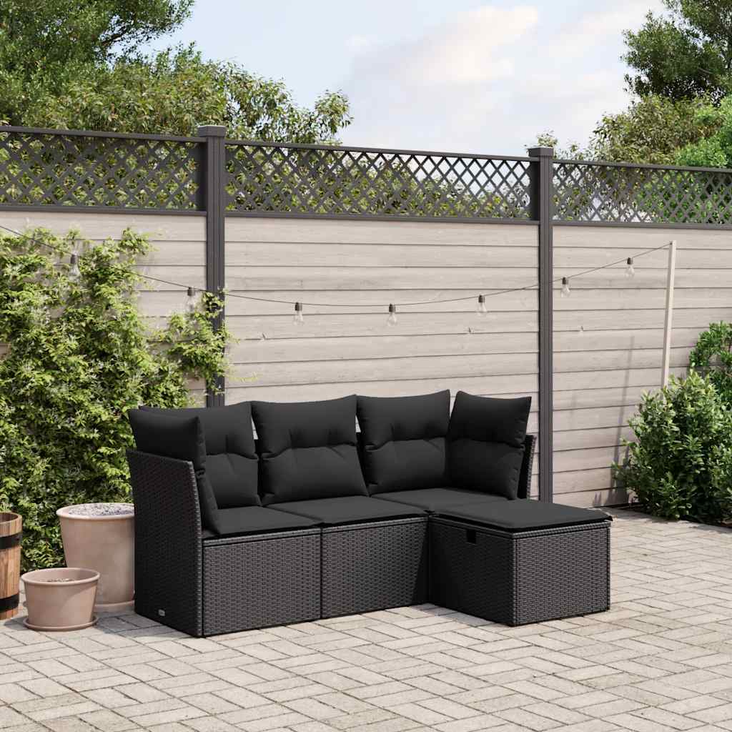 4-delige Loungeset met kussens poly rattan zwart