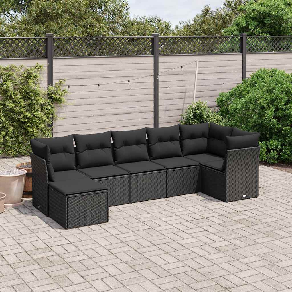 7-delige Loungeset met kussens poly rattan zwart – afbeelding 1