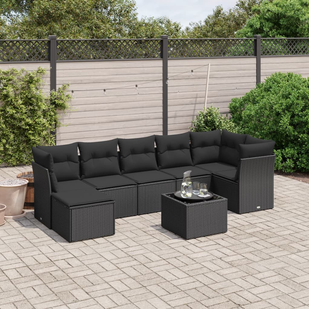 8-delige Loungeset met kussens poly rattan zwart – afbeelding 1
