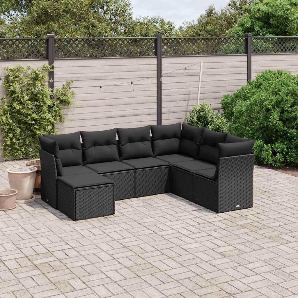 7-delige Loungeset met kussens poly rattan zwart – afbeelding 1