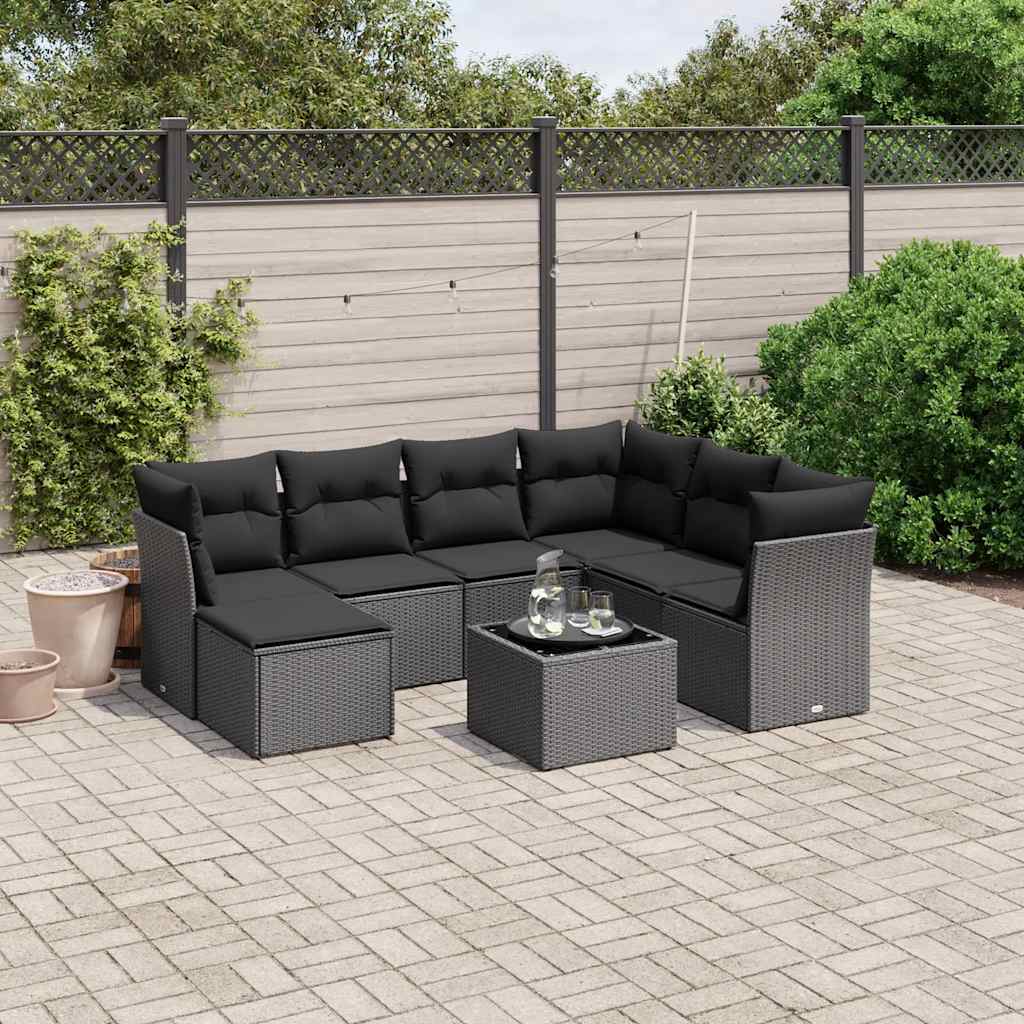 8-delige Loungeset met kussens poly rattan zwart – afbeelding 1