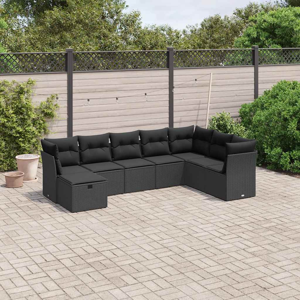 8-delige Loungeset met kussens poly rattan zwart – afbeelding 1