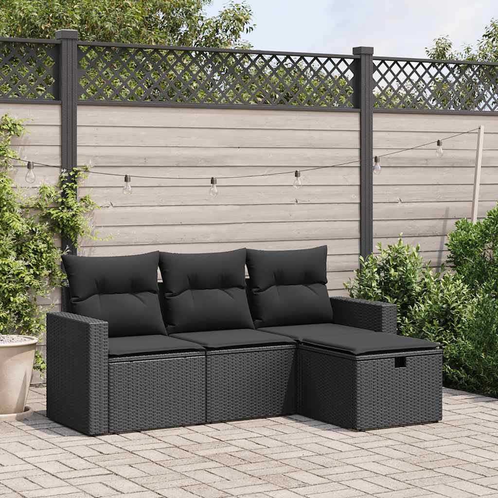 4-delige Loungeset met kussens poly rattan zwart